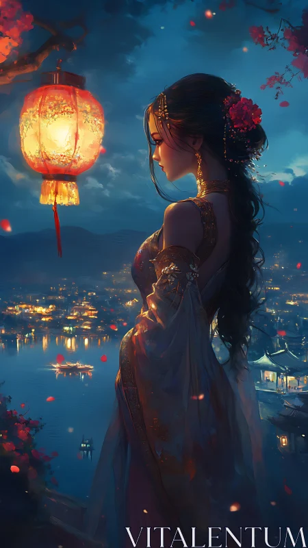 Midnight lantern dreams beside a glowing riverside city.
