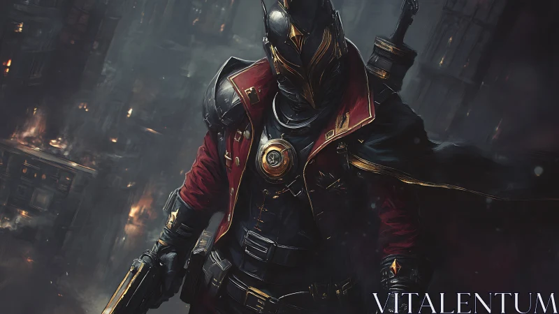 Masked enforcer in burning dystopian cityscape at night.