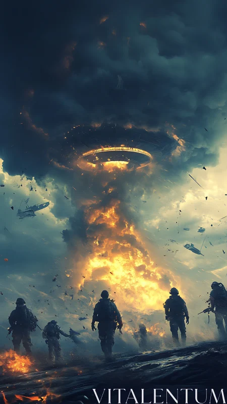 Soldiers advance beneath colossal burning alien mothership