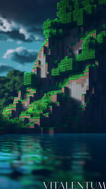 Voxel cliff rises over reflective lake under moody sky