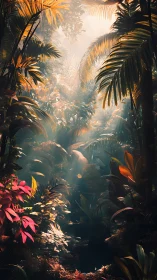 Volumetric light scattering through dense tropical canopy.