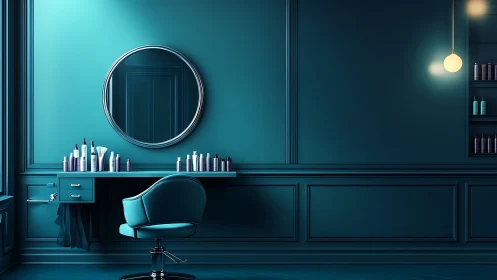 Teal salon sanctuary glows with sleek mirrors and quiet style.