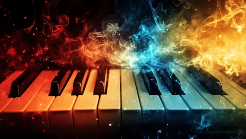 Piano keys channel fire and ice energy in vivid contrast