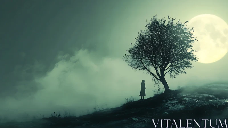 Solitary figure studies full moon beside windswept hillside tree