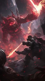 Armored warrior confronts towering lava demon in battle
