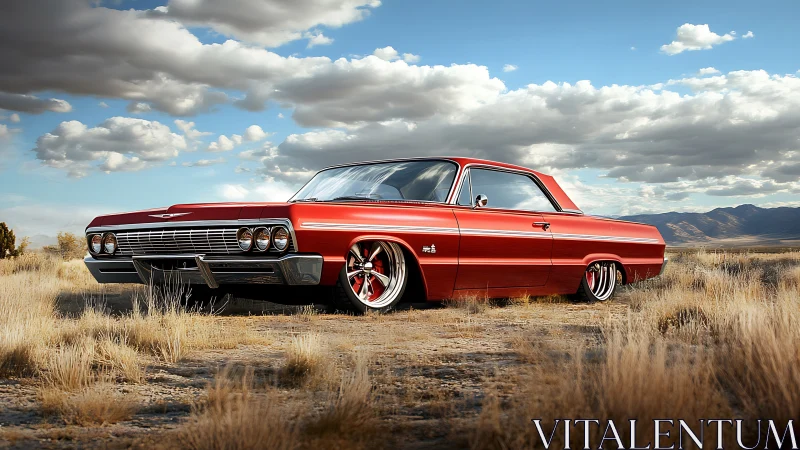 Photorealistic classic lowrider coupe in arid grassland setting.