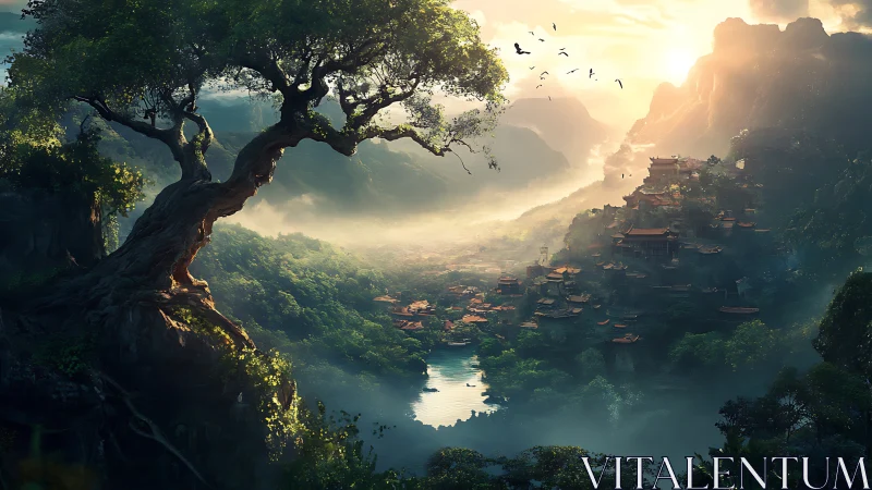 Sunlit mountain village beneath ancient riverside tree.