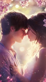 Romantic couple beneath spring blossoms in golden sunlight