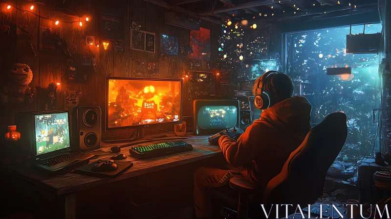 Person sits at multi-screen gaming desk in dim lit room