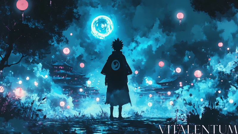 Moonlit wanderer among floating lanterns in electric blue night.