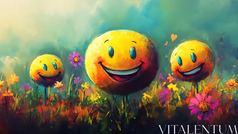 Smiley face orbs are positioned among stylized flowers