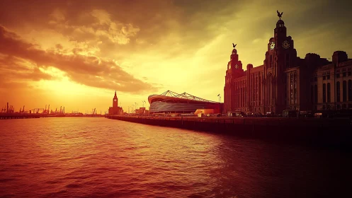 Golden waterfront sunset embracing a historic city skyline.