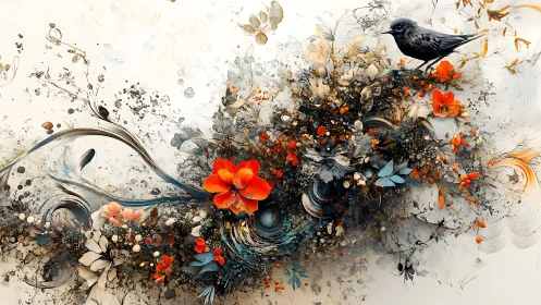 Blackbird perches above luminous abstract floral cascade.