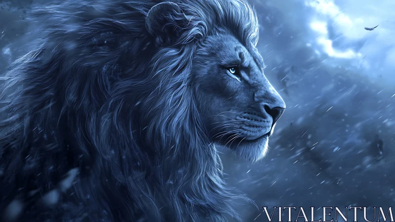 Regal blue lion profile in stormlit cinematic portrait.