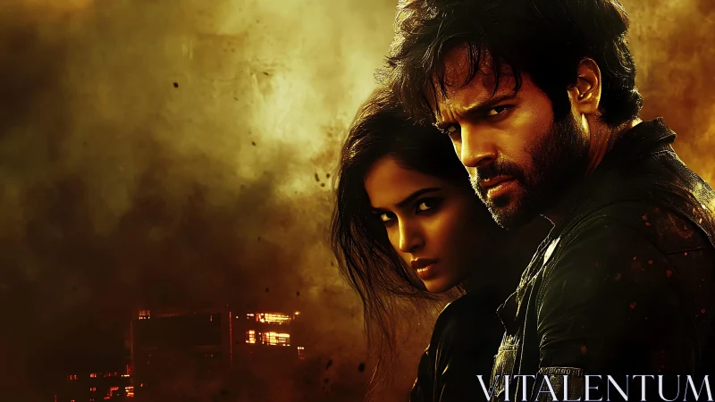 Storm-lit renegade couple stares down the burning horizon.