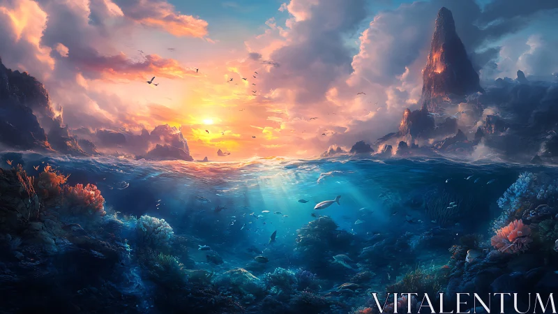Sunlit ocean dream where sky and coral worlds meet.