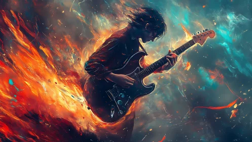 Guitarist figure integrated with dynamic fire and smoke field