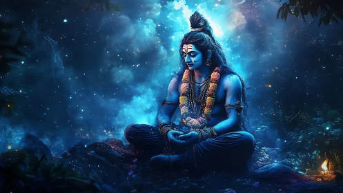 Blue-skinned meditative figure sits amid luminous forest haze