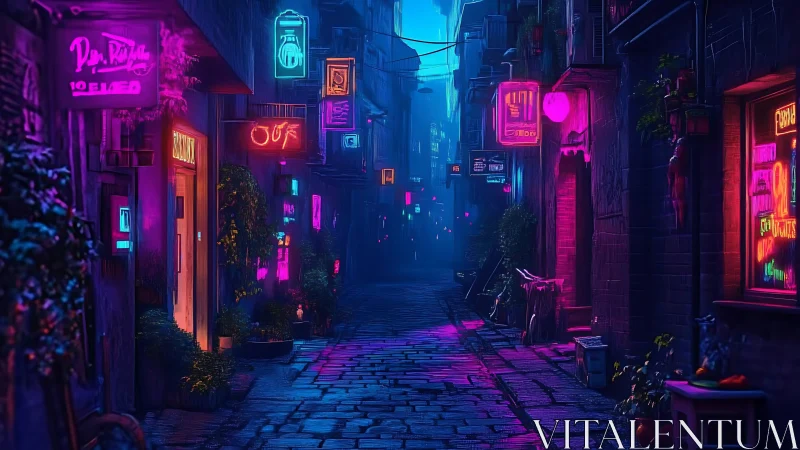Neon alleyway glows with moody cyberpunk nightlife energy