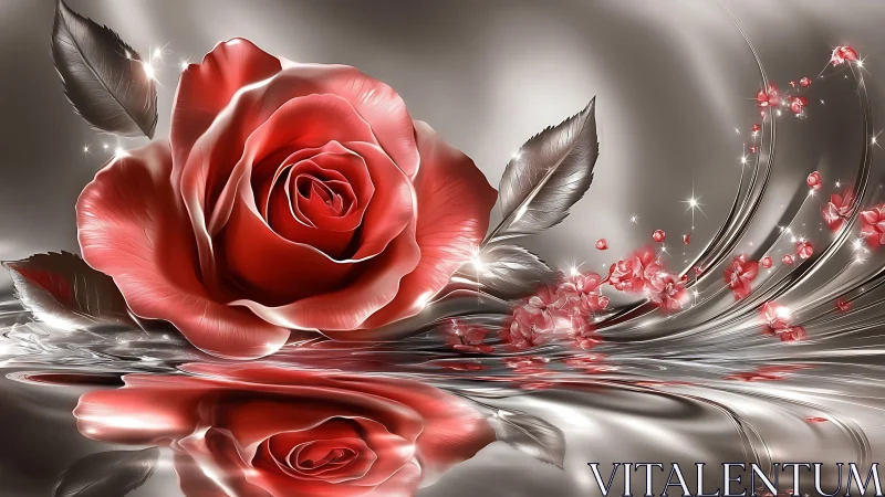 Red rose on metallic reflective surface with petals and leaves.