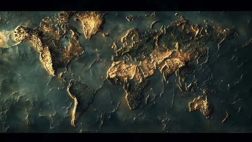 Golden relief world map glows over dark textured oceans