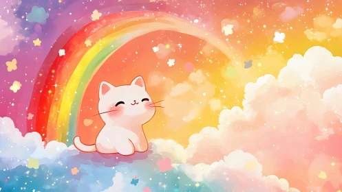 Gentle pastel kitty smiles beneath a sparkling rainbow sky