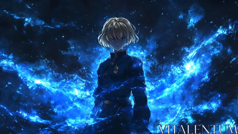 Anime boy in blue uniform amid glowing cosmic energy.