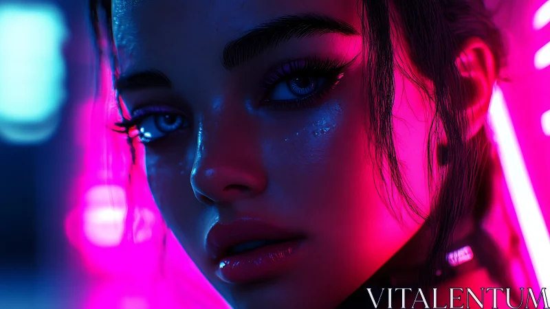 Neon lit female face rendered in high contrast closeup