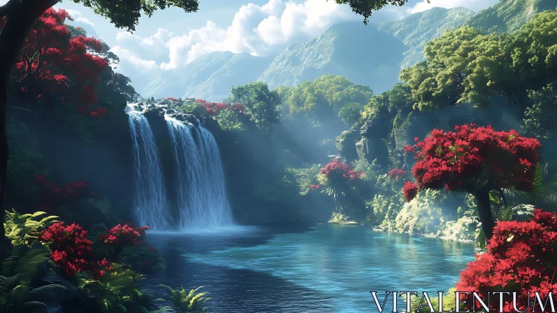 Lush waterfall valley invites calm beside bright red trees