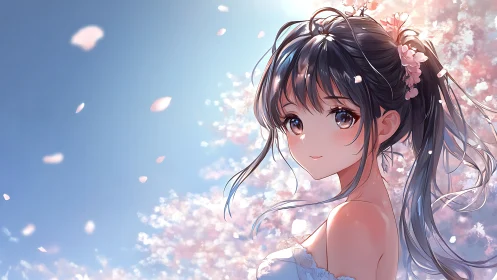 Anime girl under cherry blossoms in soft spring light.