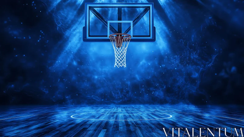 Illuminated blue basketball hoop over glowing digital court