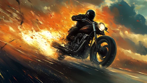 Motorcycle rider accelerates through flaming cinematic stormfield