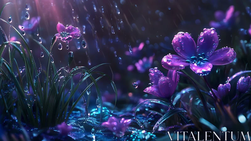 Neon Flowers in Rainfall: Digital Botanical Fantasy.