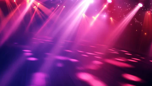 Empty dance floor with colorful pink and purple stage lights.