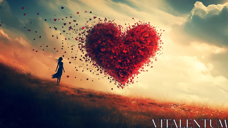 Silhouetted figure dispersing fractured heart particles into golden-hour sky.