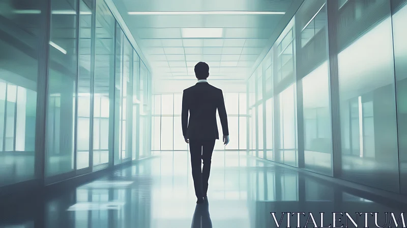 Solitary Figure Traversing Minimalist Corporate Corridor with Geometric Glass Partitions