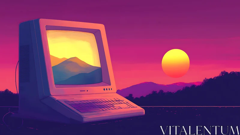 Retro computer frames neon sunset over synthetic mountains.