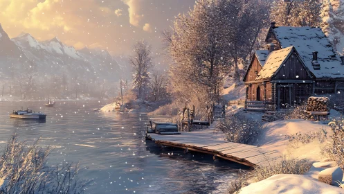 Snowy lakeside cabins glowing under a gentle winter sunset.
