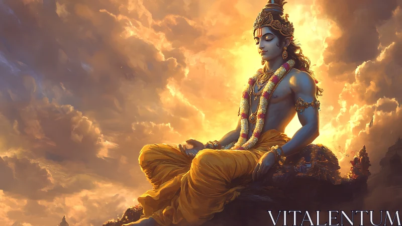 Luminous celestial figure in meditative pose amid radiant clouds.