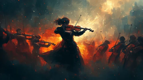 Orchestral violinists silhouetted against fiery abstract light.