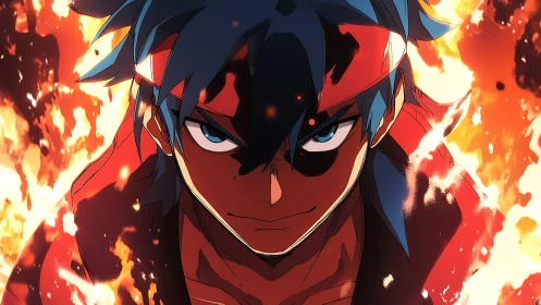 Fiery anime warrior with headband in intense focus.