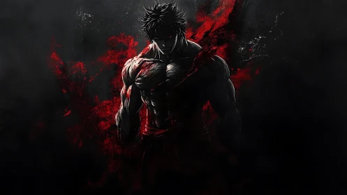 Dark muscular anime fighter in red and black chaos.