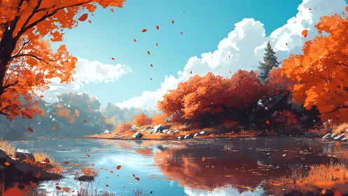 Autumn riverside landscape renders crisp light and saturated color