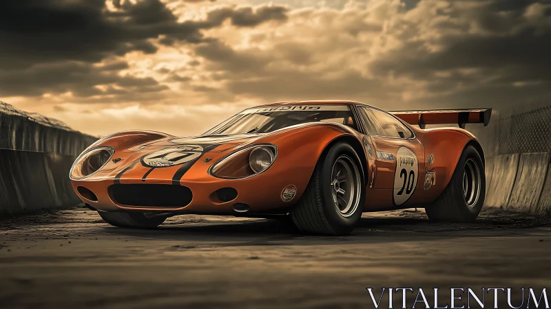 Retro orange race legend stalking thunder under stormlight.