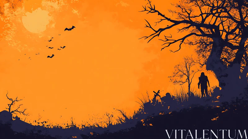 Silhouetted wanderer under orange night sky at graveyard.