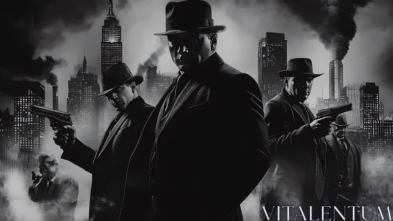 Gangsters stand armed in smoky noir city skyline at night