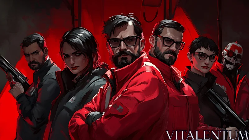 Paramilitary strike team in red tactical jackets, stylized group