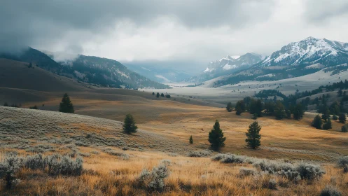 Mountain valley shows rolling fields under cloudy sky