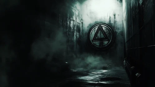 Dark industrial corridor with glowing triangle wall symbol.
