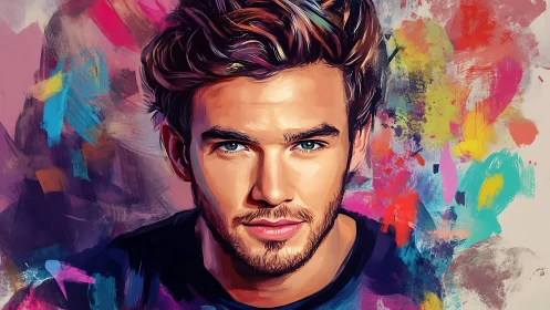 Digital male portrait is centered against abstract backdrop